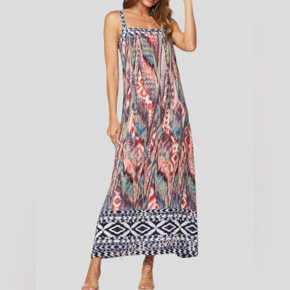 NEW Aztec Print Square Neck Maxi Dress / Summer Vacation - Picture 3 of 4